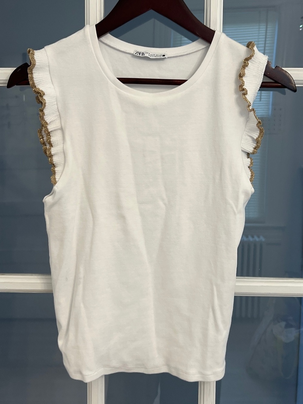 ZARA Women's White Ruffle Sleeve Gold Trim Top Size M